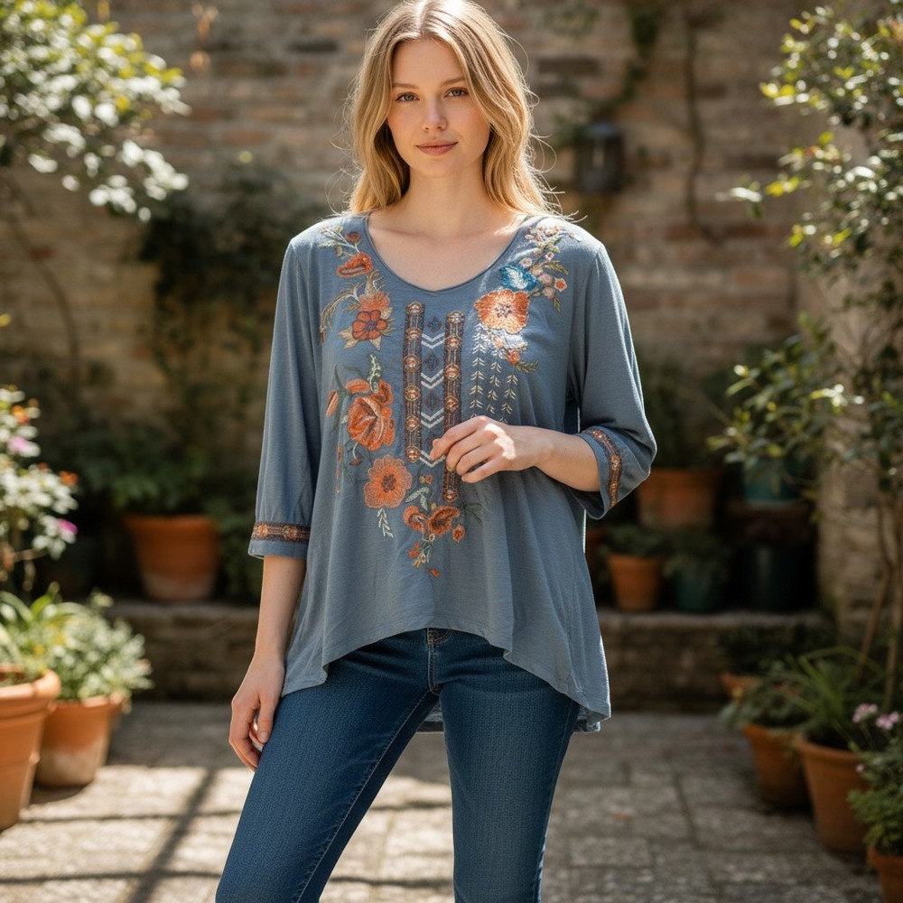 Caite Embroidered Top Womens Medium Blue Floral Boho V-Neck 3/4 Sleeve Cotton